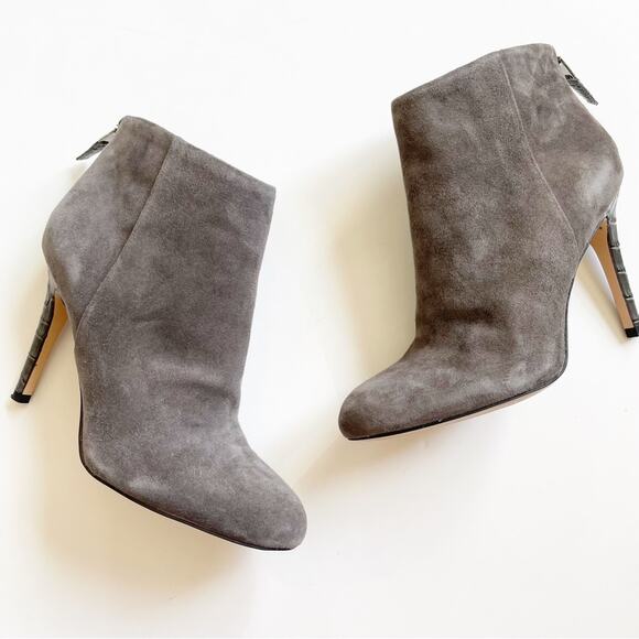 Sam Edelman Grey Suede Croc Embossed Ankle Bootie - Picture 2 of 9